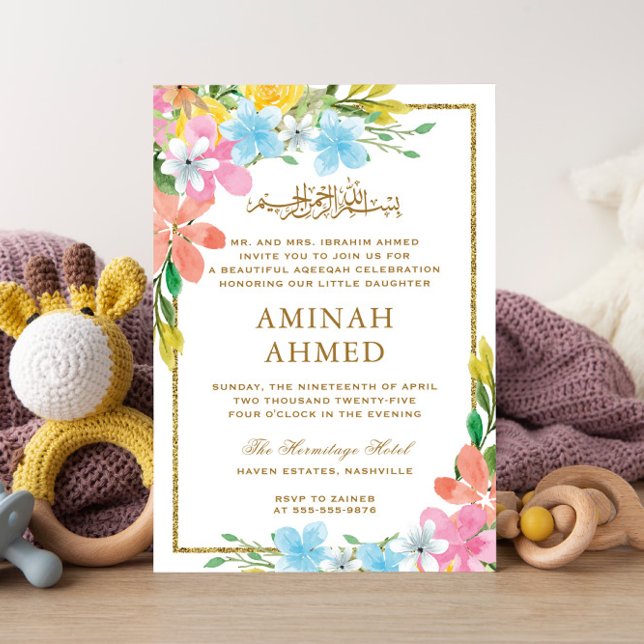 Floral Gold Border Islamic Aqiqa Aqeeqa Baby Invitation (Creator Uploaded)