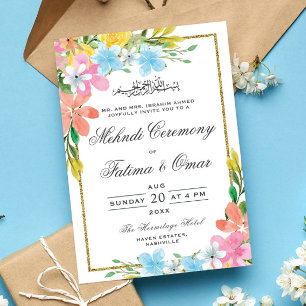 Floral Gold Border Muslim Islamic Mehndi Ceremony Invitation