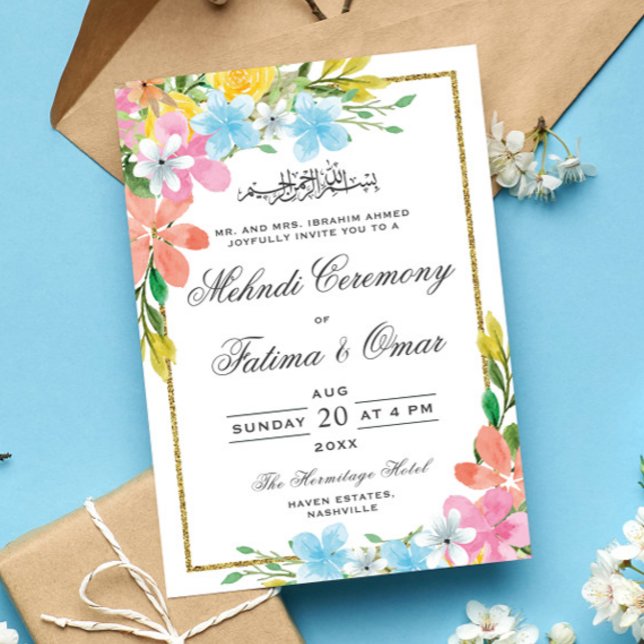 Floral Gold Border Muslim Islamic Mehndi Ceremony Invitation (Creator Uploaded)