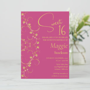 Floral Gold Border Sweet 16 Invitation