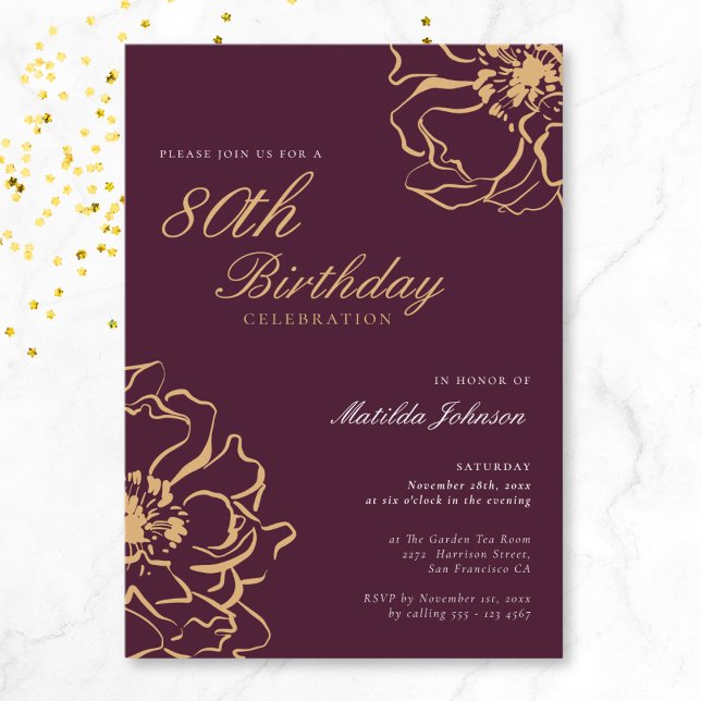 Floral Gold Burgundy 80th Birthday Invitation (Floral Gold Burgundy 80th Birthday Invitation)