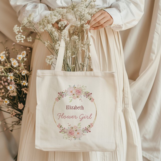 Floral Gold Burgundy Rose Flower Girl with Name Tote Bag (Creator Uploaded)