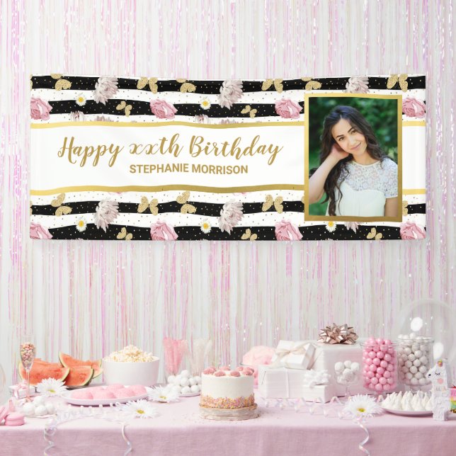 Floral Gold Butterfly Any Age, Your Photo Birthday Banner (Party)
