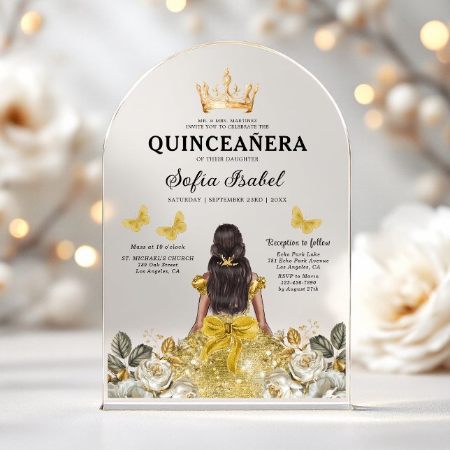 Floral Gold Butterfly Princess Quinceanera Acrylic Invitations (Creator Uploaded)