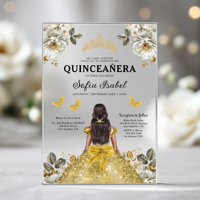 Floral Gold Butterfly Princess Quinceanera Acrylic Invitations (Creator Uploaded)