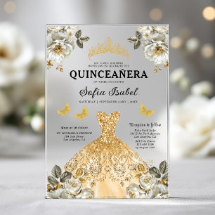 Floral Gold Butterfly Princess Quinceanera Acrylic Invitations