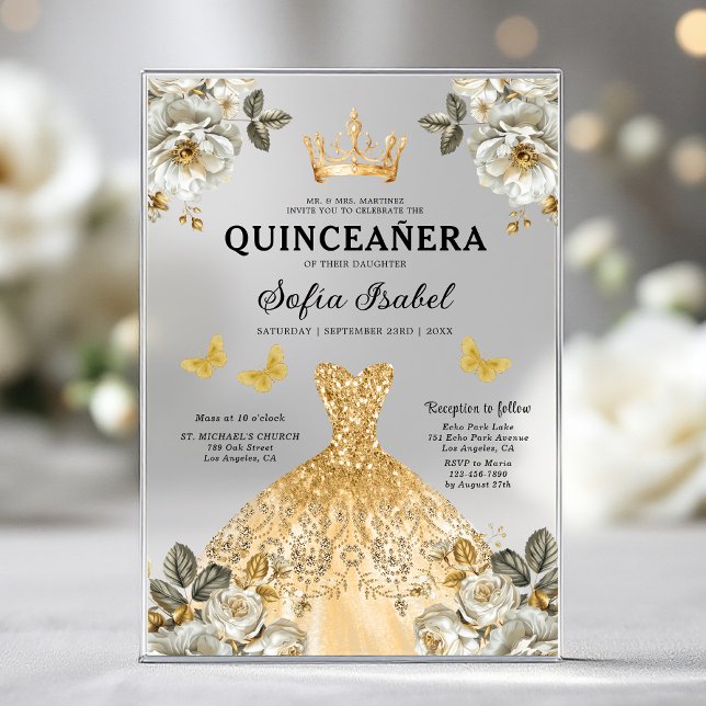 Floral Gold Butterfly Princess Quinceanera Acrylic Invitations (Creator Uploaded)