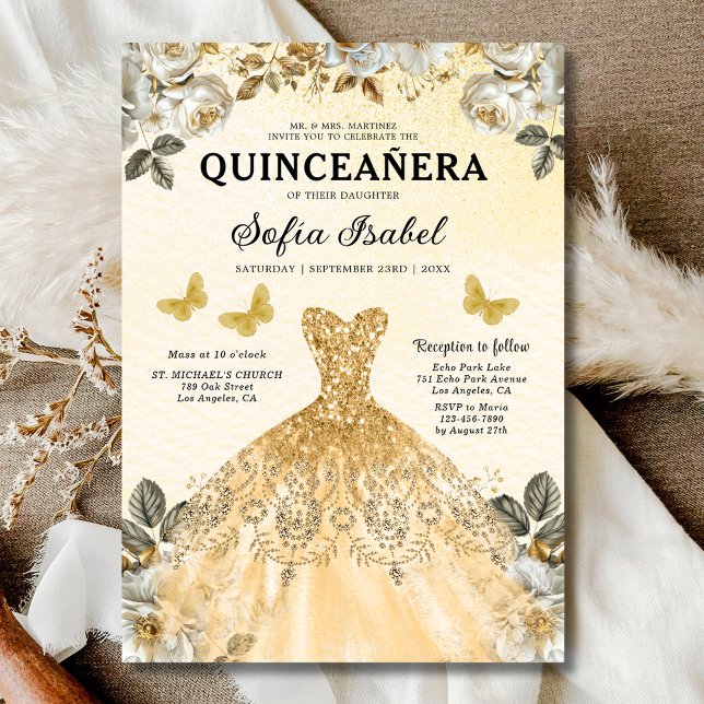 Floral Gold Butterfly Princess Quinceanera Invitation (Creator Uploaded)