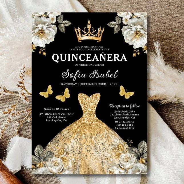 Floral Gold Butterfly Princess Quinceanera Invitation (Creator Uploaded)