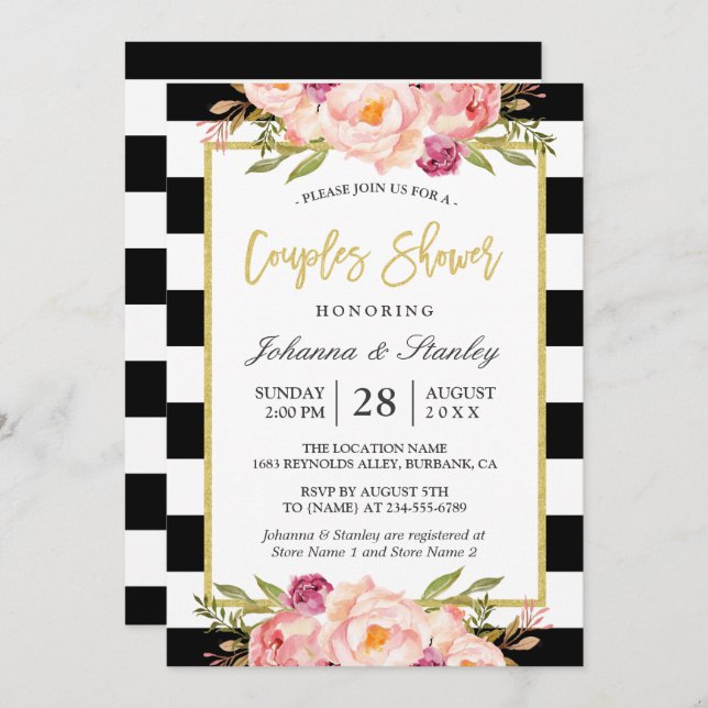 Floral Gold BW Stripes Wedding Couples Shower Invitation (Front/Back)