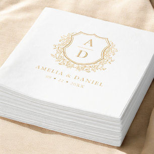 Floral Gold Crest Wedding Monogram Foil Napkins