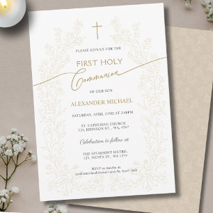 Floral Gold Cross First Holy Communion Religious Invitation