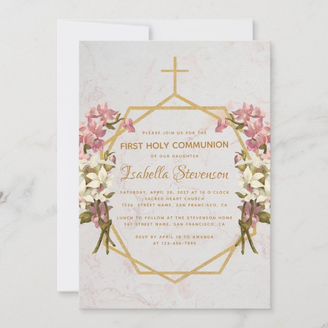Floral Gold Cross Pink Orchids First Communion Invitation (Front)