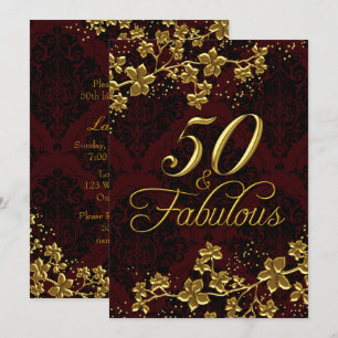 Floral Gold Dark Red 50 Fabulous Birthday Invitation