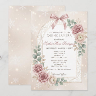 Floral Gold Dusty Rose Bow Snowflakes Quinceanera Invitation