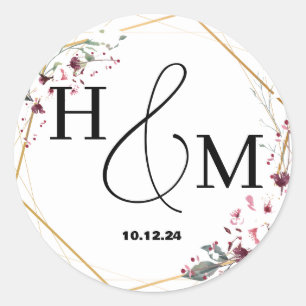 Floral Gold Elegant Modern Monogrammed Wedding Classic Round Sticker