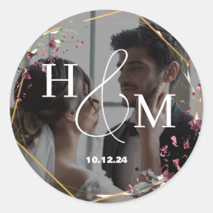 Floral Gold Elegant Photo Monogrammed Wedding Classic Round Sticker