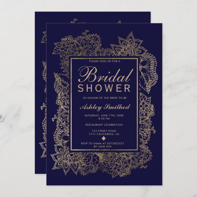 Floral gold emerald navy blue modern bridal shower invitation (Front/Back)