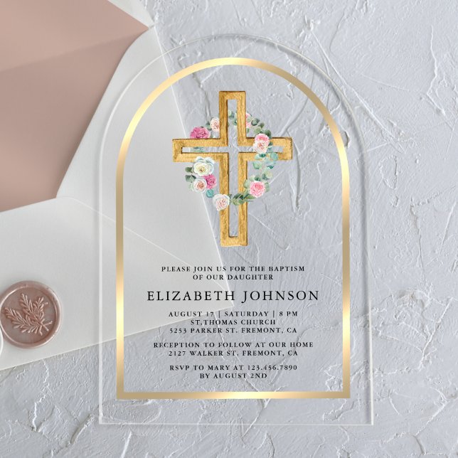 Floral Gold Eucalyptus Wood Cross Arch Baptism Acrylic Invitations (Creator Uploaded)