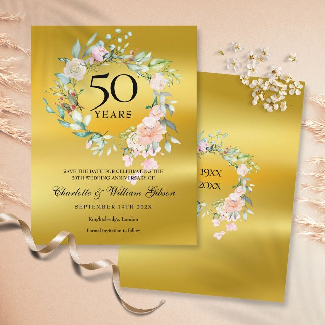 Floral Gold Foil 50th Anniversary Save the Date Announcement Postcard (Creator Uploaded)