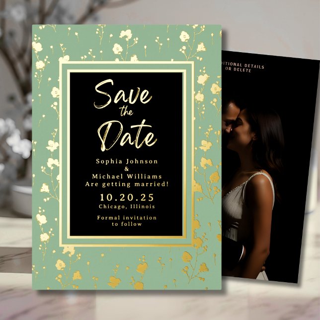 Floral Gold Foil Save the Date Photo Sage Green  (Creator Uploaded)