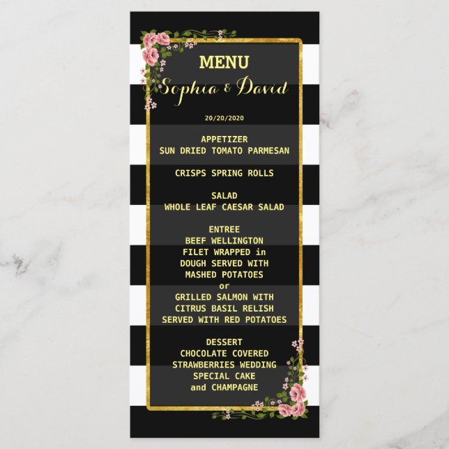 Floral Gold Foil Stripe Wedding Menu Custom (Front)