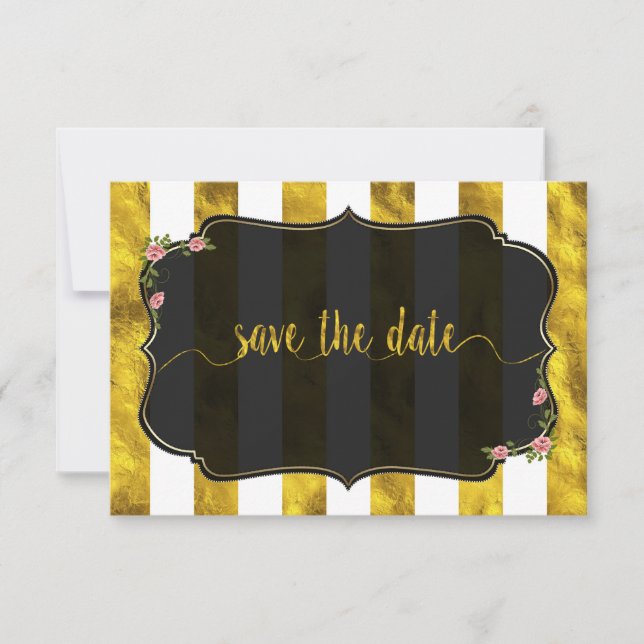Floral Gold Foil Stripes Wedding Save The Date Invitation (Front)