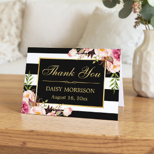 Floral Gold Frame Black White Stripes Thank You