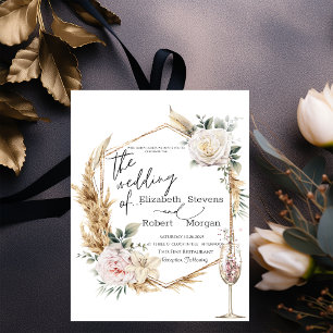 Floral Gold Frame Champagne Glass Wedding  Invitation