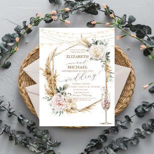 Floral Gold Frame Champagne Glass Wedding Invitation