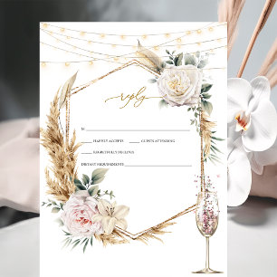 Floral Gold Frame Champagne Glass Wedding RSVP Invitation