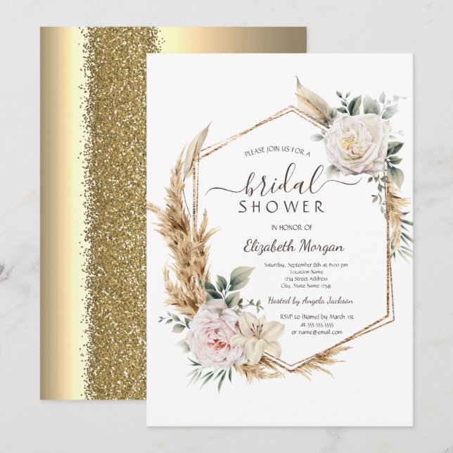 Floral Gold Frame Glitter Bridal Shower  Invitation (Front/Back)