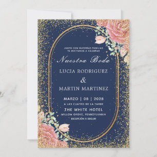 Floral Gold frame Glitter Navy Nuestra Boda Invitation