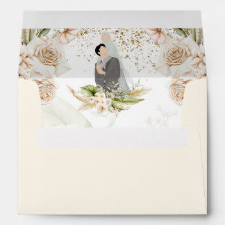 Floral Gold Frame GREEN & BEIGE Islamic Wedding  Envelope