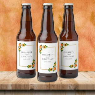 Floral Gold Frame Wedding Beer Bottle Label