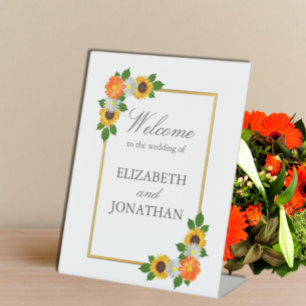 Floral Gold Frame Wedding Pedestal Sign