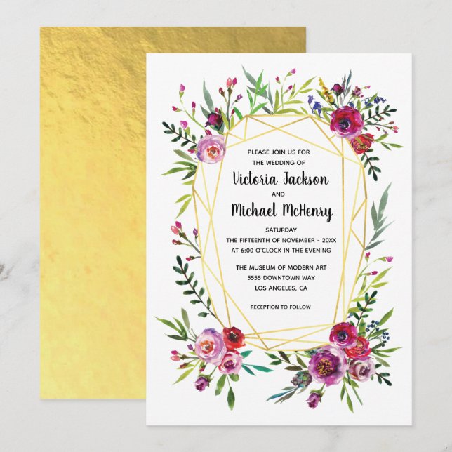 Floral Gold Geometric Crystal Wedding Invitation (Front/Back)