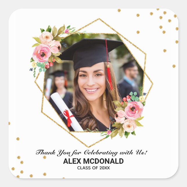 Floral Gold Geometric Graduation Thank You Favour Square Sticker (Front)