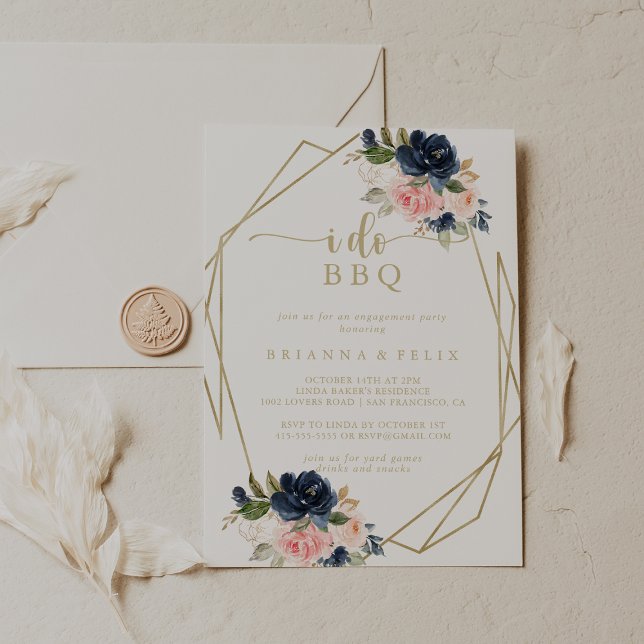 Floral Gold Geometric I Do BBQ Engagement Party   Invitation (Creator Uploaded)