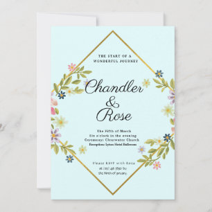 Floral Gold Geometric Minimalist Blue Wedding Invitation