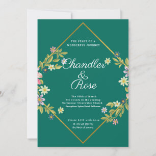 Floral Gold Geometric Minimalist Green Wedding Invitation