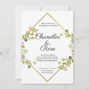 Floral Gold Geometric Minimalist White Wedding Invitation