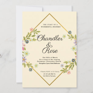 Floral Gold Geometric Minimalist Yellow Wedding Invitation