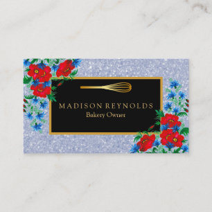 Floral Gold Glitter Bakery Chef Whisk Logo Busines Business Card