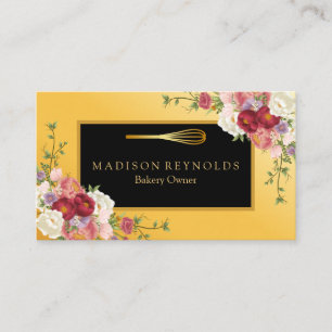 Floral Gold Glitter Bakery Chef Whisk Logo Business Card