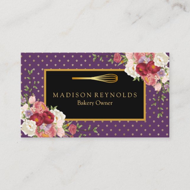 Floral Gold Glitter Bakery Chef Whisk Logo Business Card (Front)