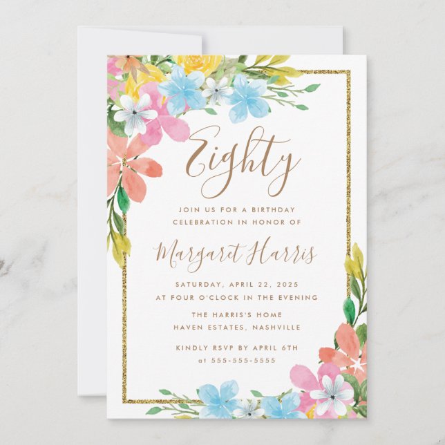 Floral Gold Glitter Border 80th Eighty Birthday Invitation (Front)