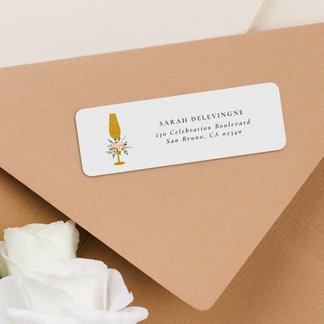 Floral Gold Glitter Champagne Flute Return Address (Return Address Label Mock-up)