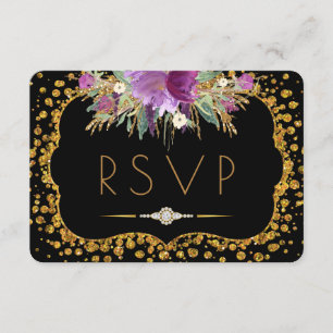 Floral Gold Glitter Confetti Black RSVP Card