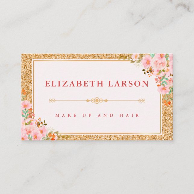 Floral Gold Glitter Makeup Artist Beauty Salon Business Card (Front)